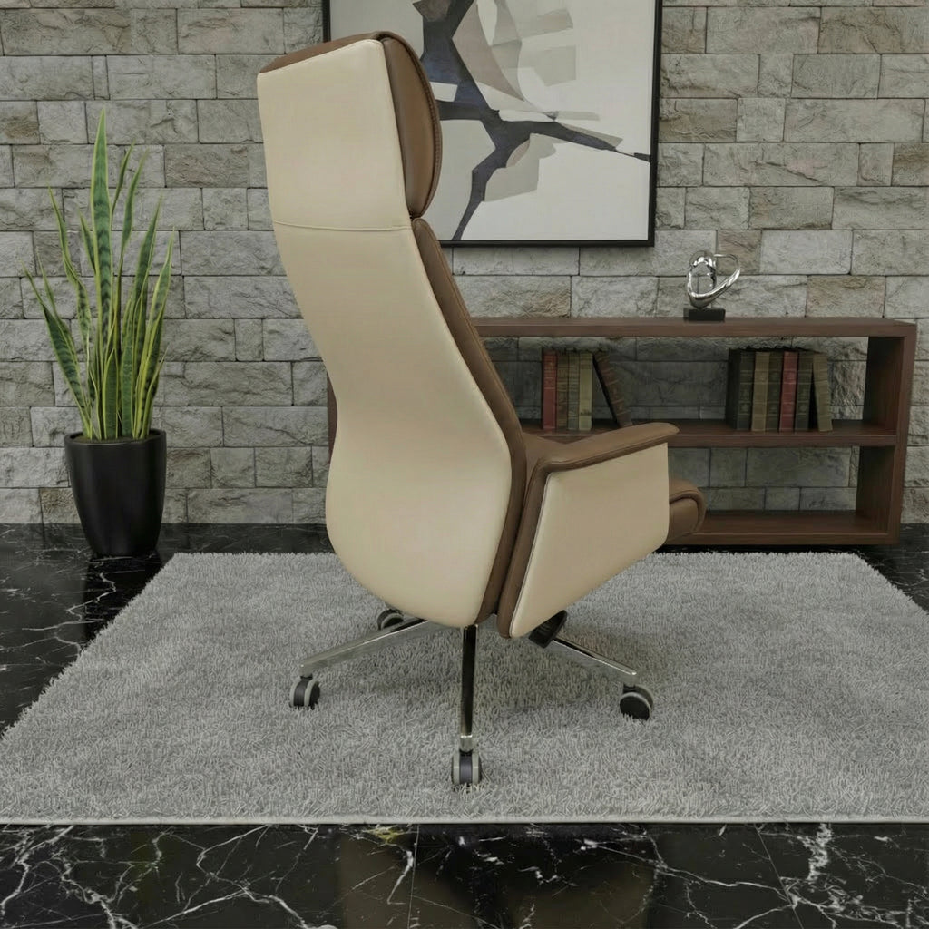 Two-tone brown and beige leather executive office chair with ergonomic cushioning and chrome base, back facing — premium luxury seating for modern workspaces by DreamSpace Collection Ontario.