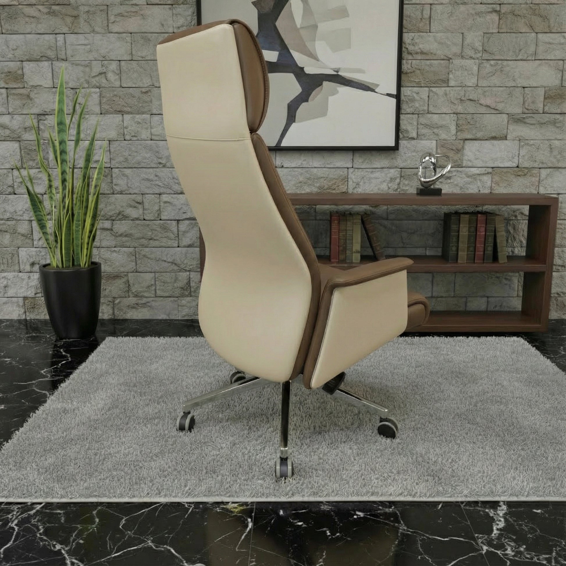 Two-tone brown and beige leather executive office chair with ergonomic cushioning and chrome base, back facing — premium luxury seating for modern workspaces by DreamSpace Collection Ontario.