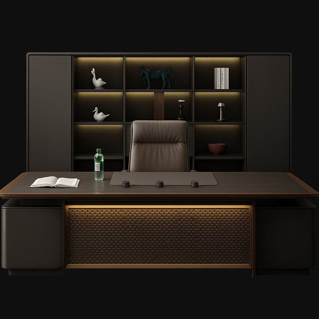 Luxury walnut executive office desk with matching backwall shelving, leather chair, and warm ambient lighting, premium modern workspace furniture by DreamSpace Collection serving Ontario corporate and home offices.