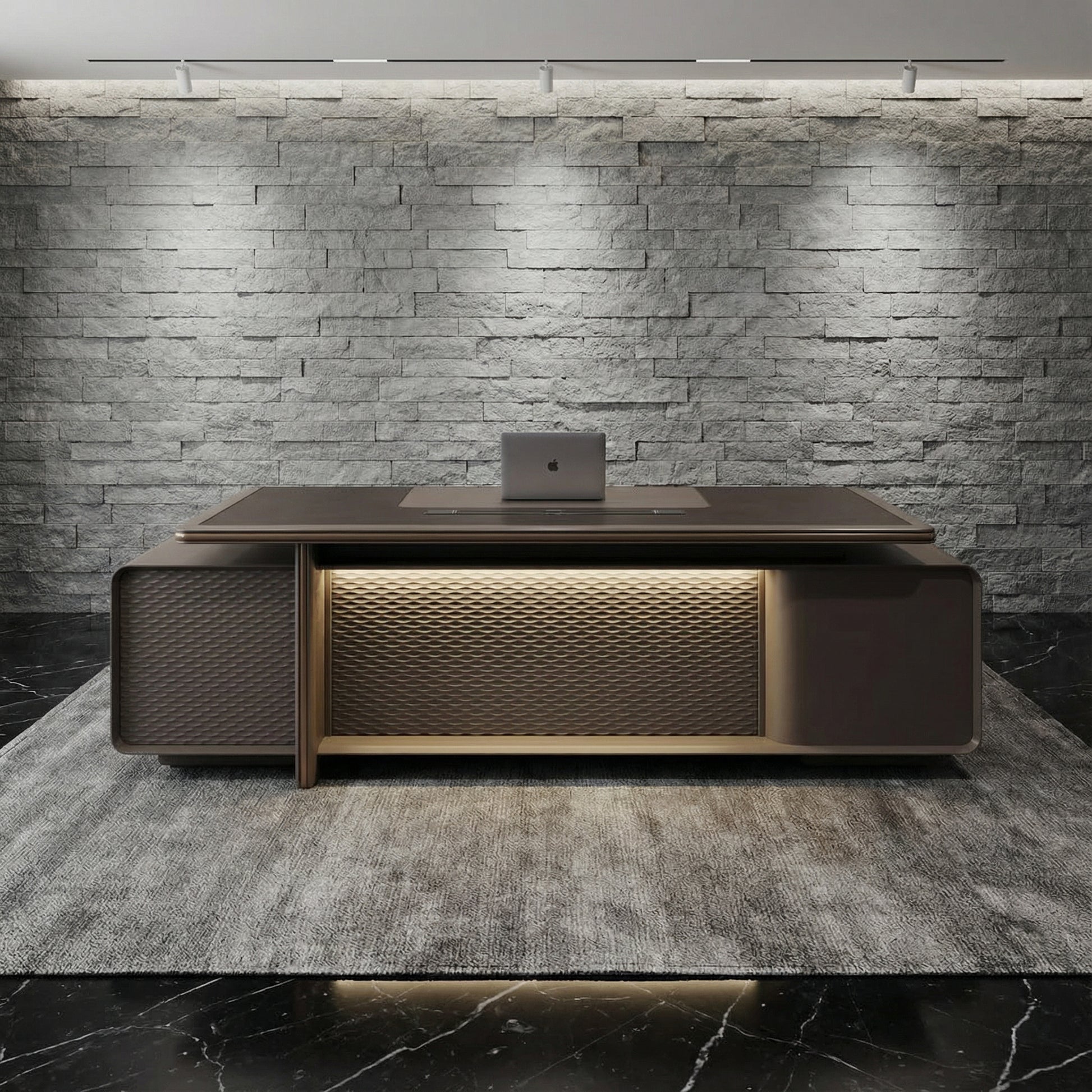 Front view of the Monolith luxury L-shaped executive desk featuring walnut work surface, illuminated textured front panel and concealed cable management — premium modern office furniture for executive and CEO workspaces by DreamSpace Collection Ontario.