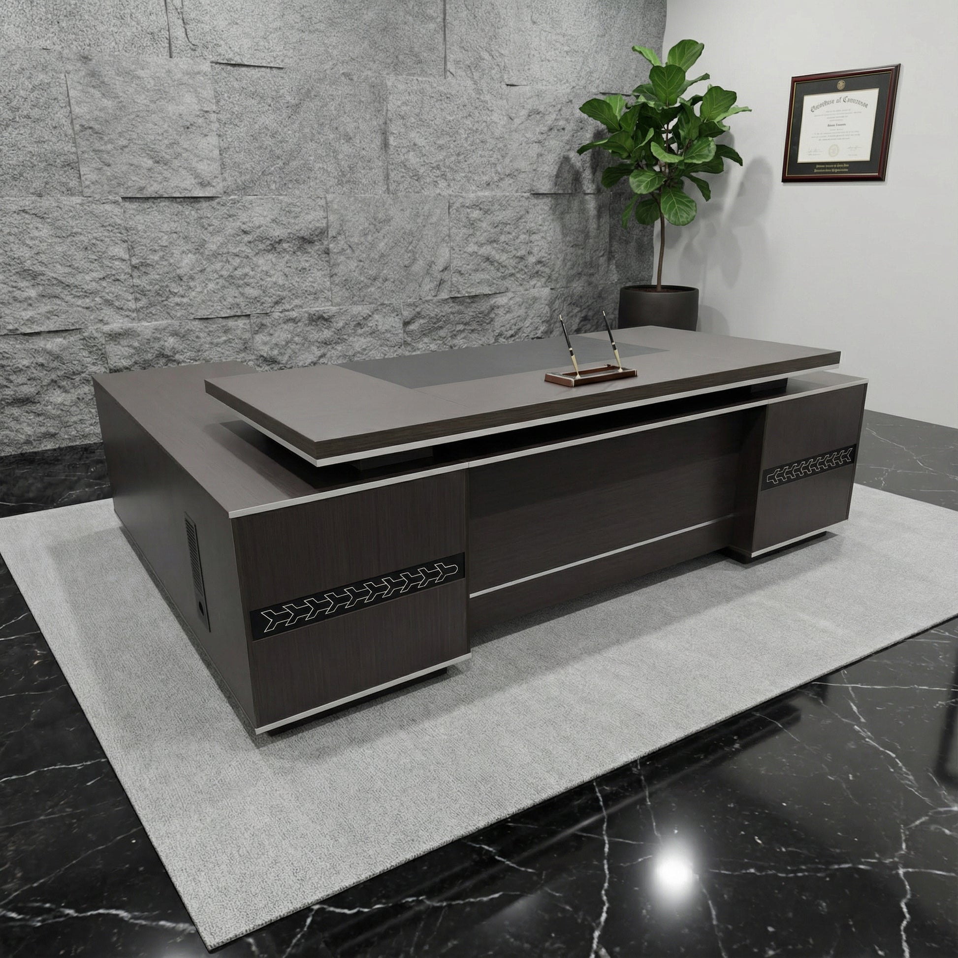 Auburn L shaped executive desk with return featuring integrated power outlets with USB-C and USB-A charging, minimalist walnut design and built-in storage — luxury modern CEO office desk by DreamSpace Collection Ontario.