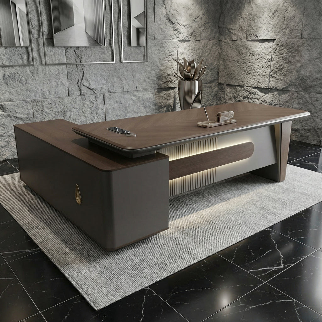 Aurelia L-shaped executive desk with modern sloped design, walnut finish, integrated wireless charging and built-in power outlets — luxury high end office desk by DreamSpace Collection Ontario.