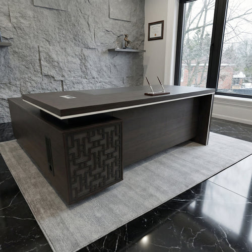 Classic walnut executive desk with return featuring modern panel detailing, integrated storage and built-in desktop access — luxury CEO office desk by DreamSpace Collection Ontario.