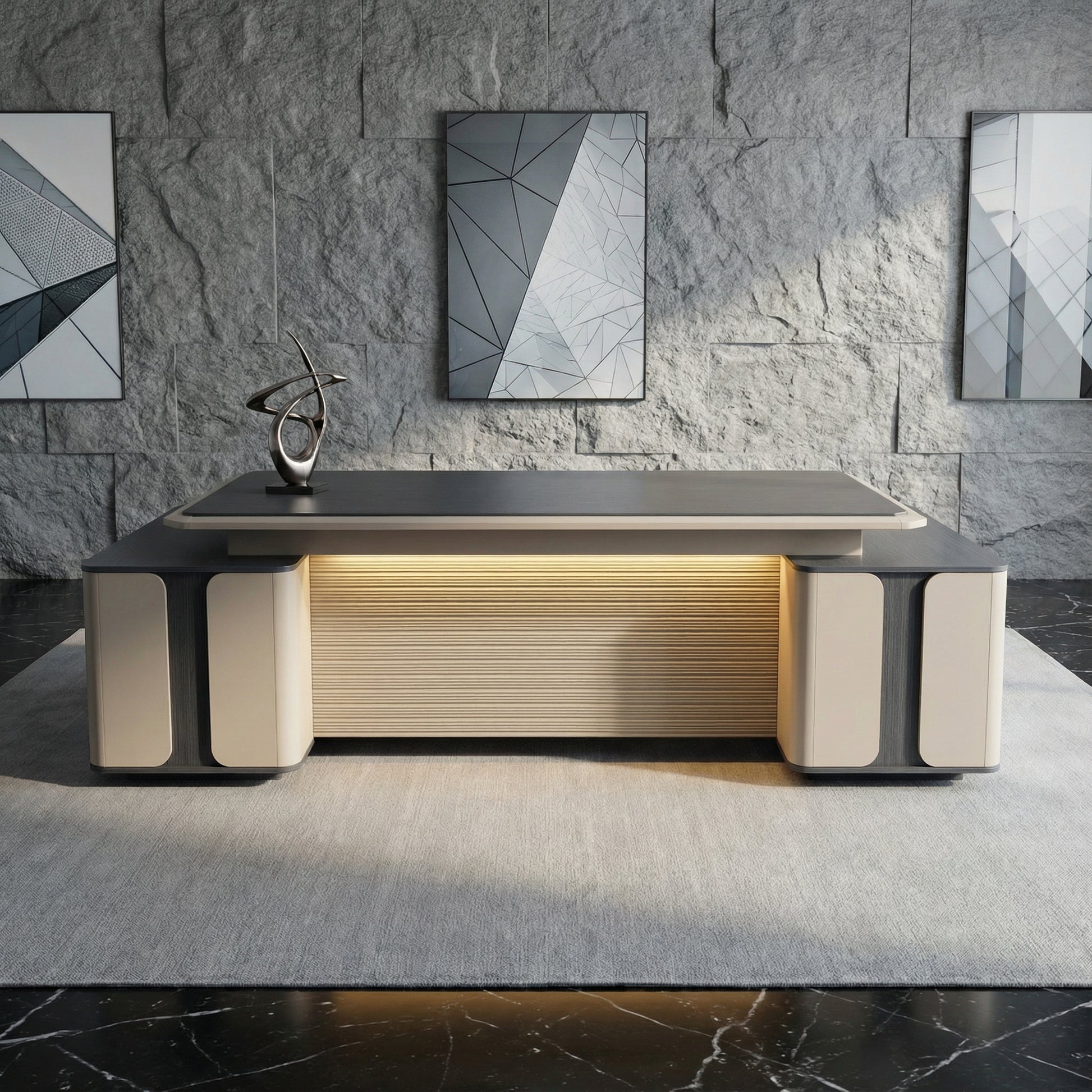 Ember L-shaped executive desk with LED front illumination, integrated drawers and side storage cabinets, designed in a modern luxury workspace — high end office desk by DreamSpace Collection Ontario.