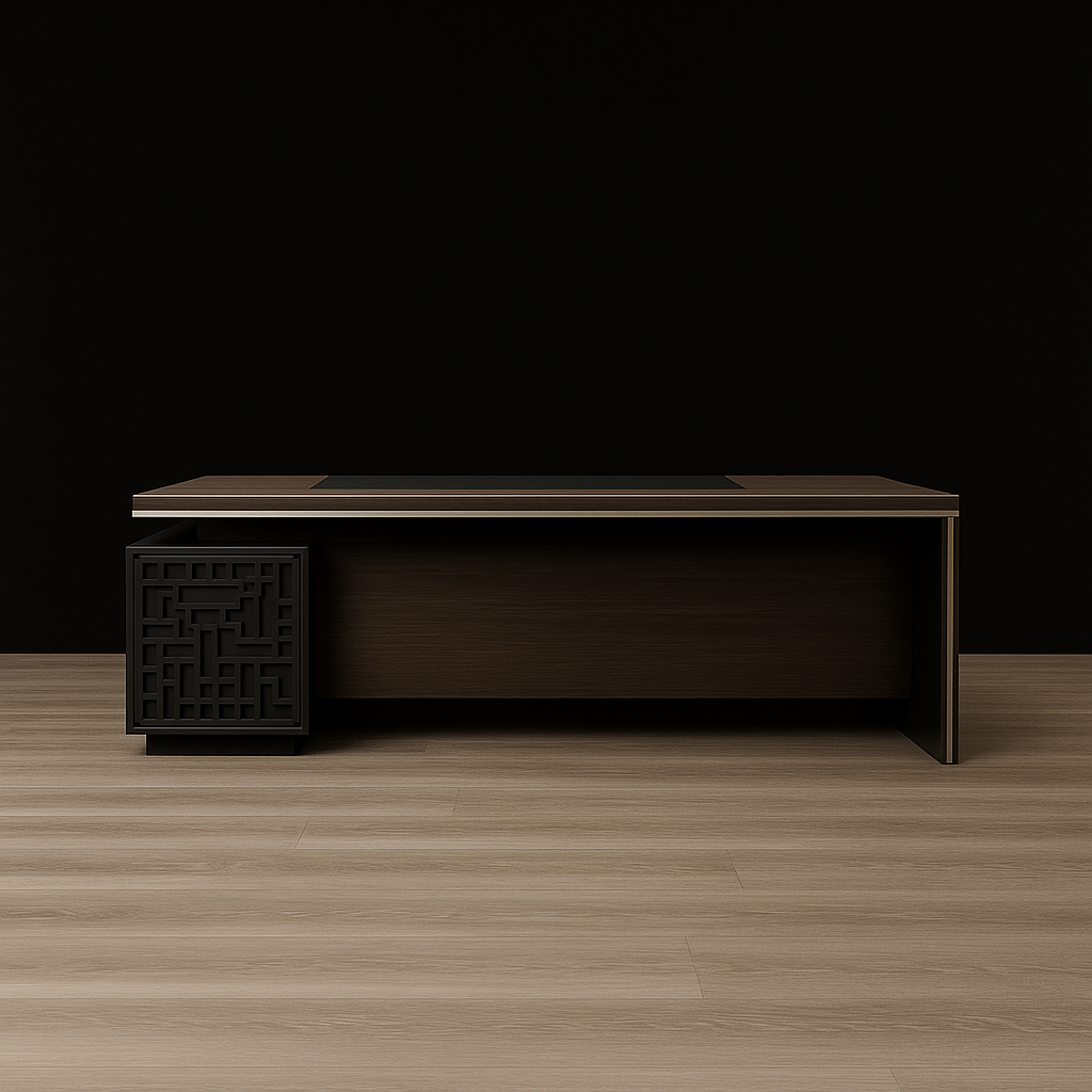 Luxury walnut executive office desk with geometric drawer design and minimalist black backdrop, modern high end workspace furniture by DreamSpace Collection Ontario.