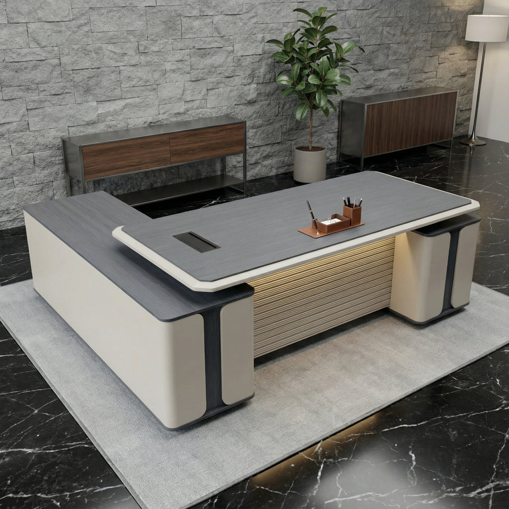 Modern luxury executive desk with return, LED front illumination, hidden storage cabinets and integrated desktop access — premium CEO office desk by DreamSpace Collection Ontario.
