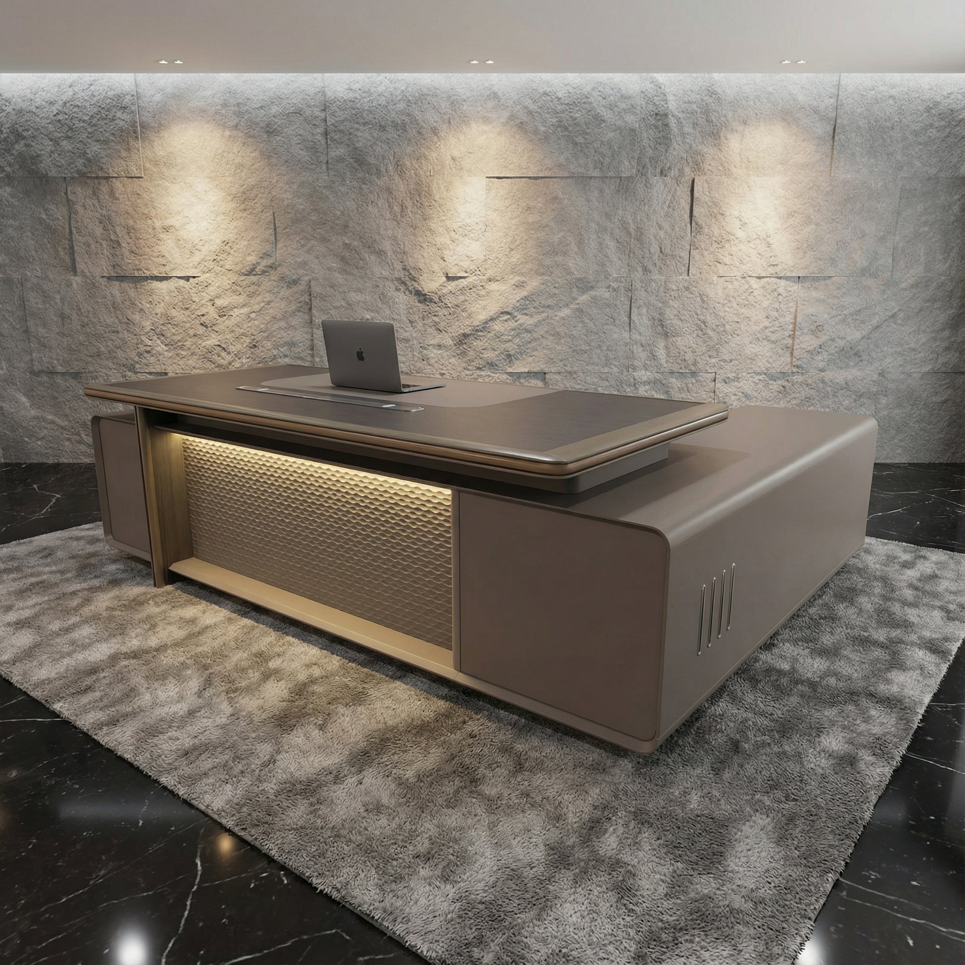 Monolith executive desk with return featuring LED front panel illumination, walnut desktop, built-in cable access and side storage — luxury modern CEO office desk by DreamSpace Collection Ontario.