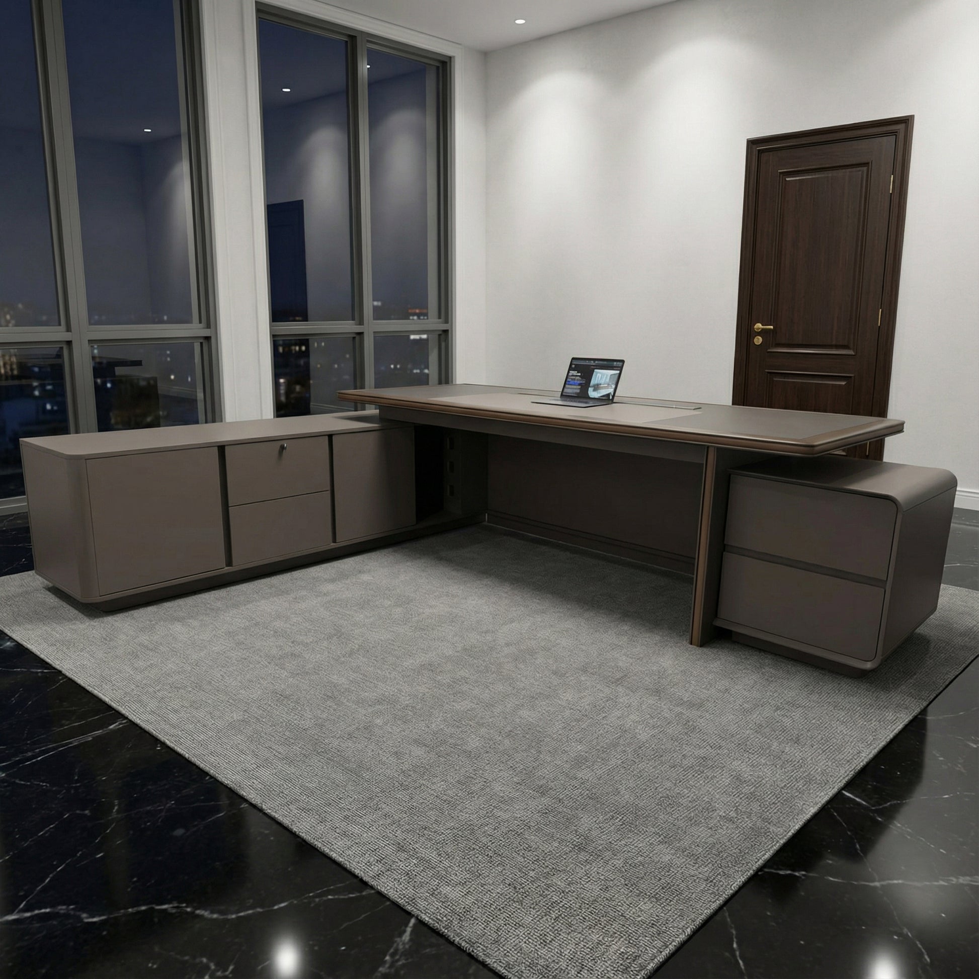 Monolith executive desk workstation with return, featuring walnut work surface, integrated storage cabinets and concealed cable access — modern CEO office furniture solution by DreamSpace Collection Ontario.