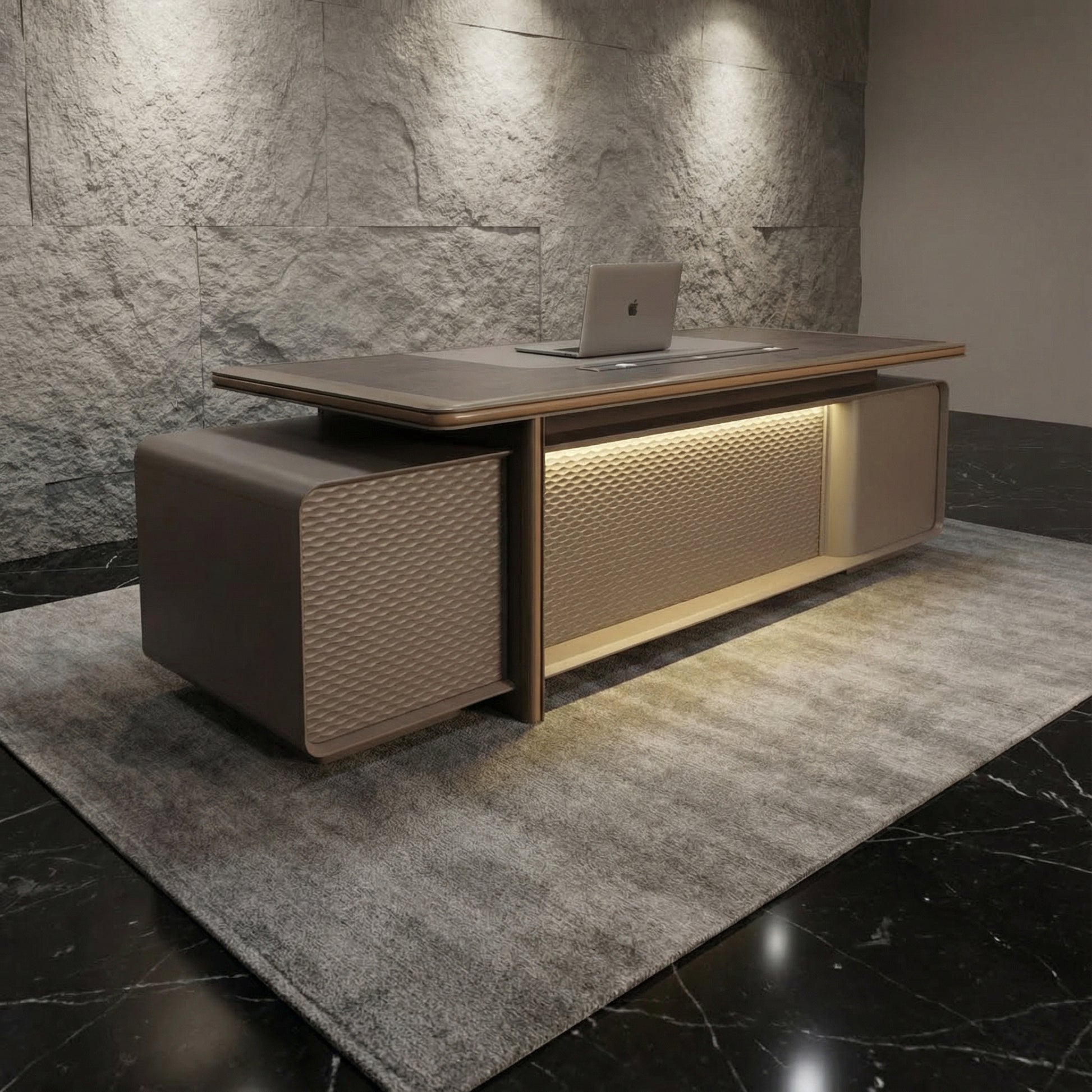 Side angle of the Monolith modern L-shaped executive desk showcasing walnut work surface, illuminated textured front panel and integrated side storage — high end office furniture for executive and CEO workspaces by DreamSpace Collection Ontario.